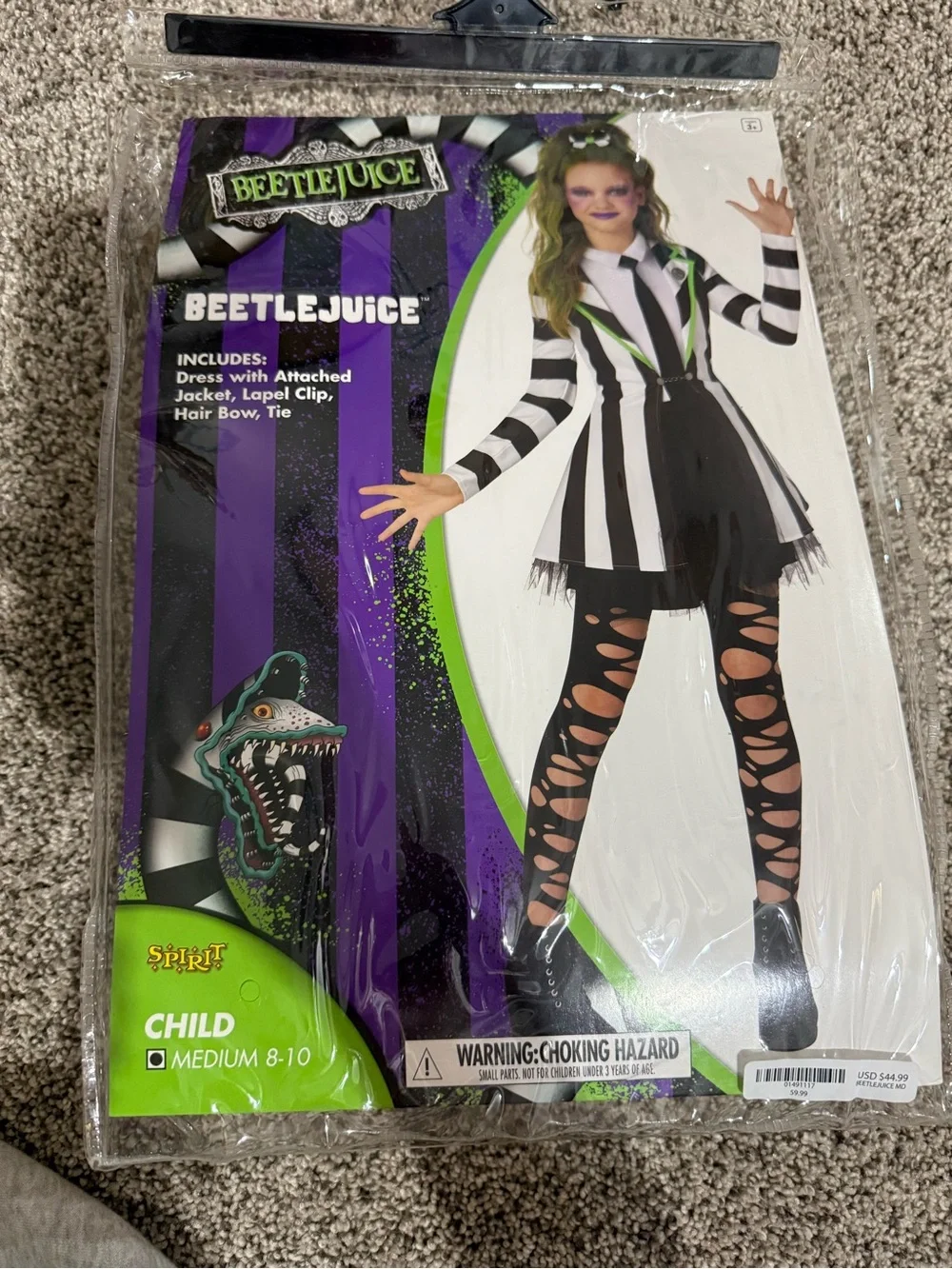 Girls Medium Beetlejuice Costume. Missing Hair Bow & Lapel.